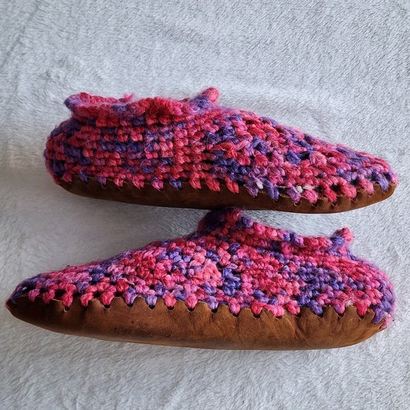 Wool Crochet Slippers Leather Sole Womens Medium Sherpa Wool Lined Cosy Winter - Picture 5 of 13